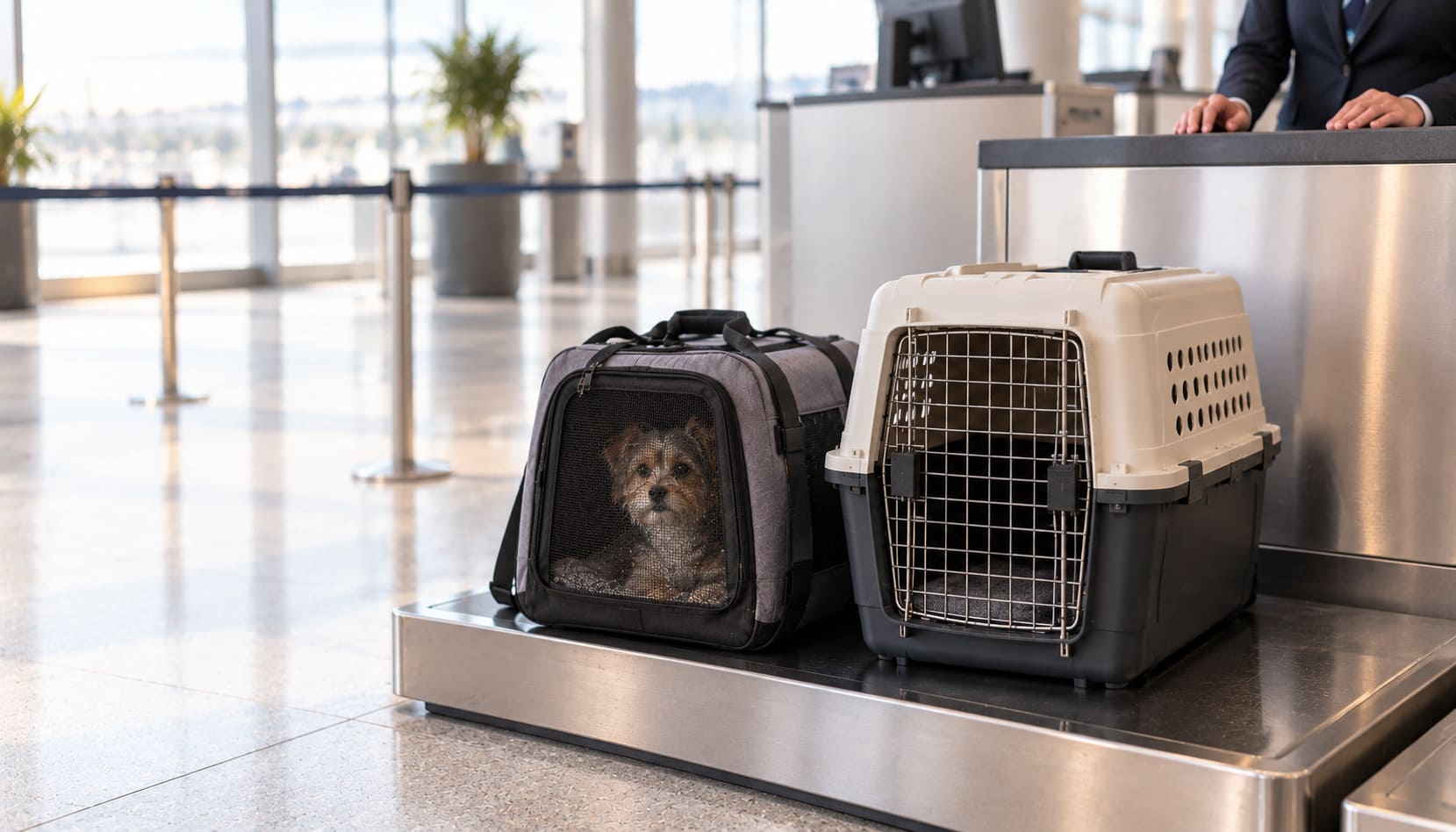 Soft carrier and hard kennel side by side at an airline check-in counter