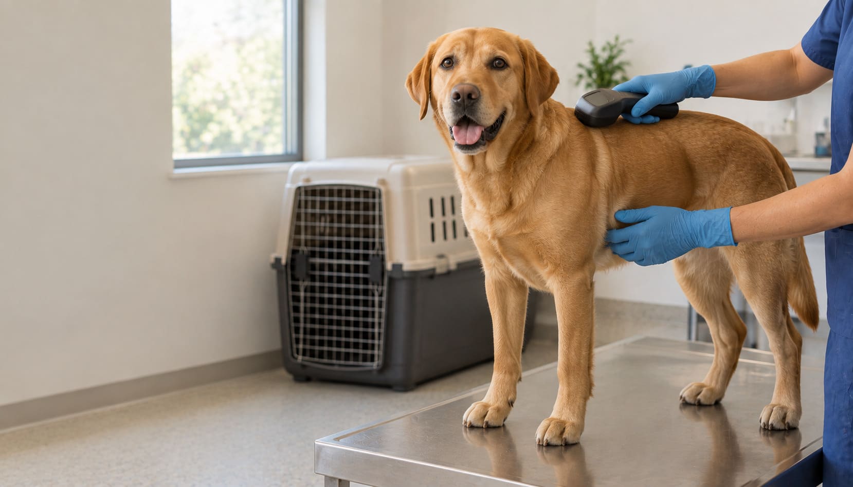 Gloved hands scanning a calm dog for a microchip beside a travel kennel