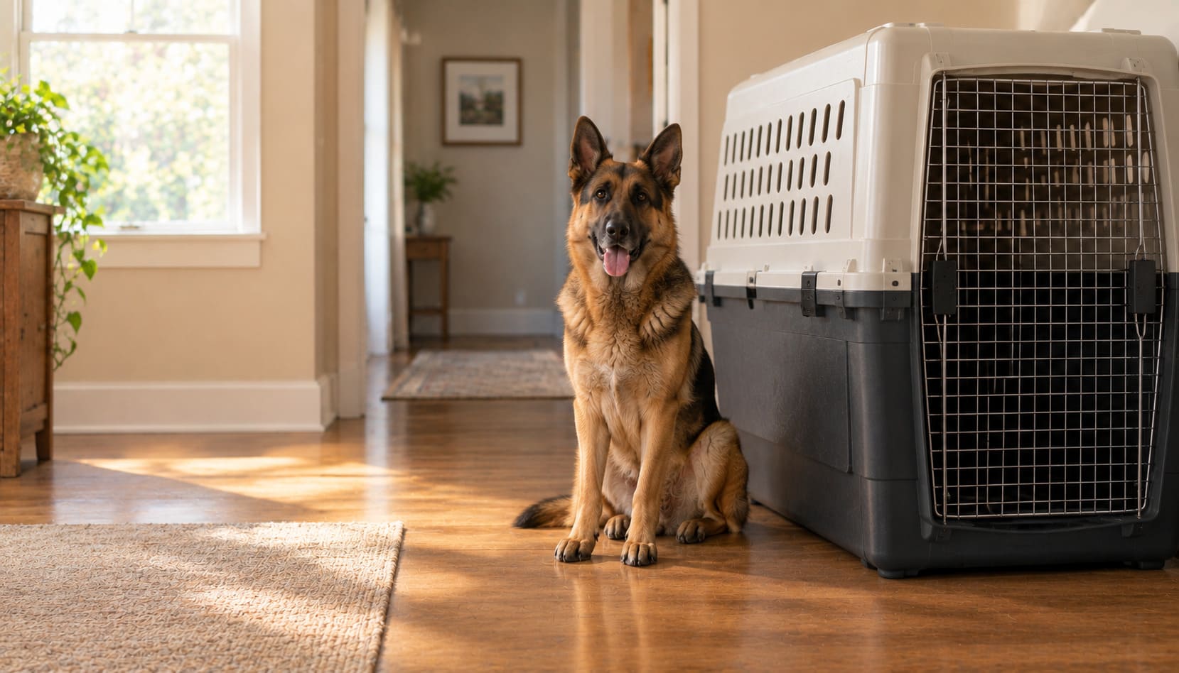 Large dog sitting beside an oversized hard-sided travel kennel in a hallway