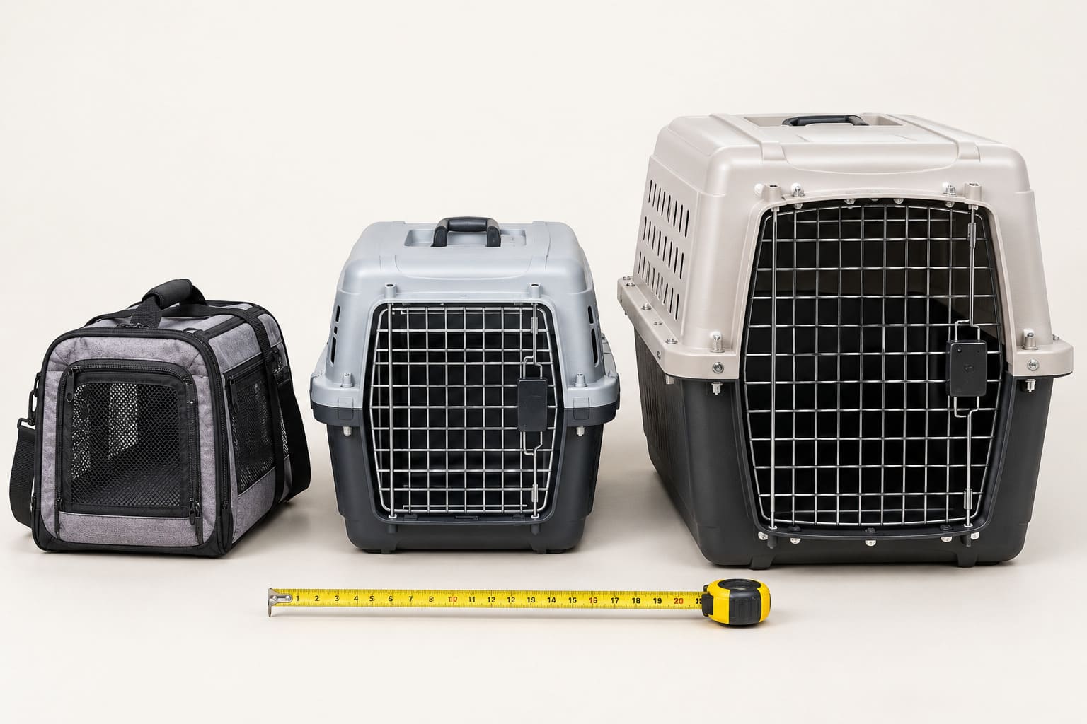 Soft-sided carrier and two hard-sided travel crates in three sizes side by side, with a tape measure extended in front of them