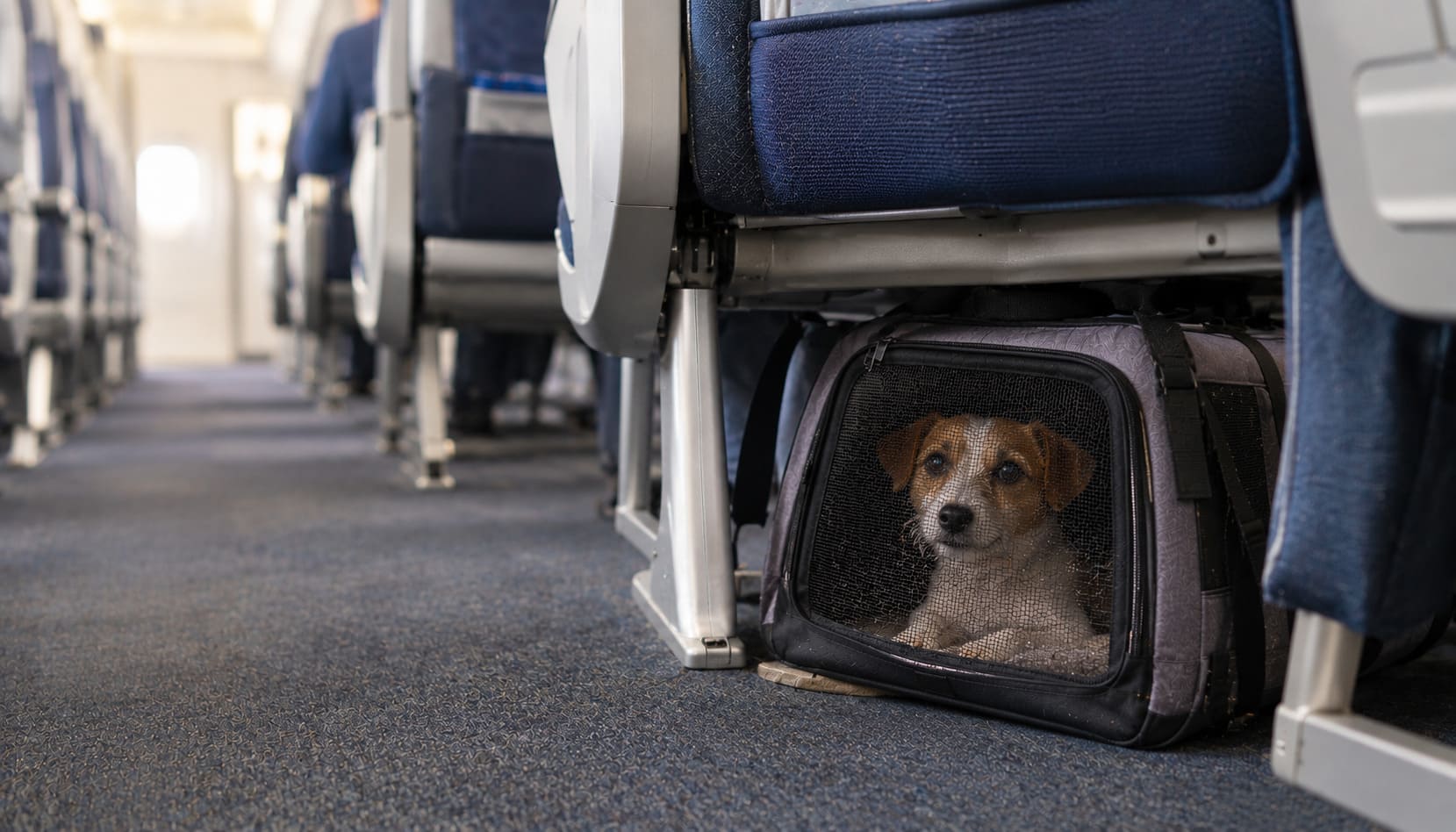 Small dog in a soft carrier stowed under an airplane seat