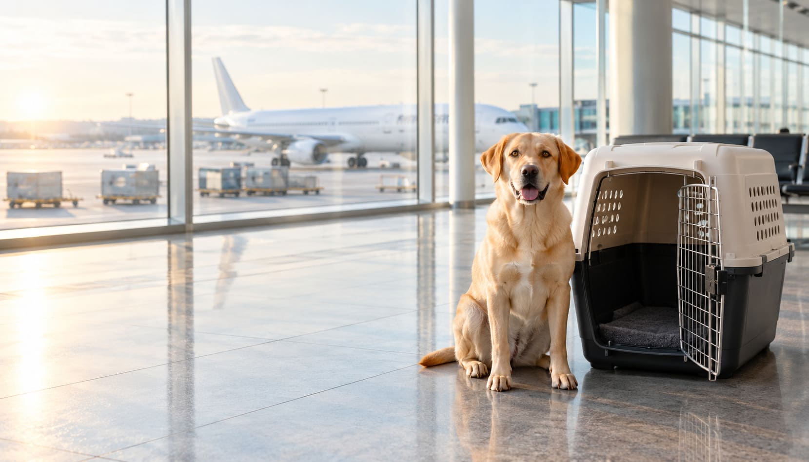 Dog sitting beside a hard-sided travel kennel in a bright airport departure hall