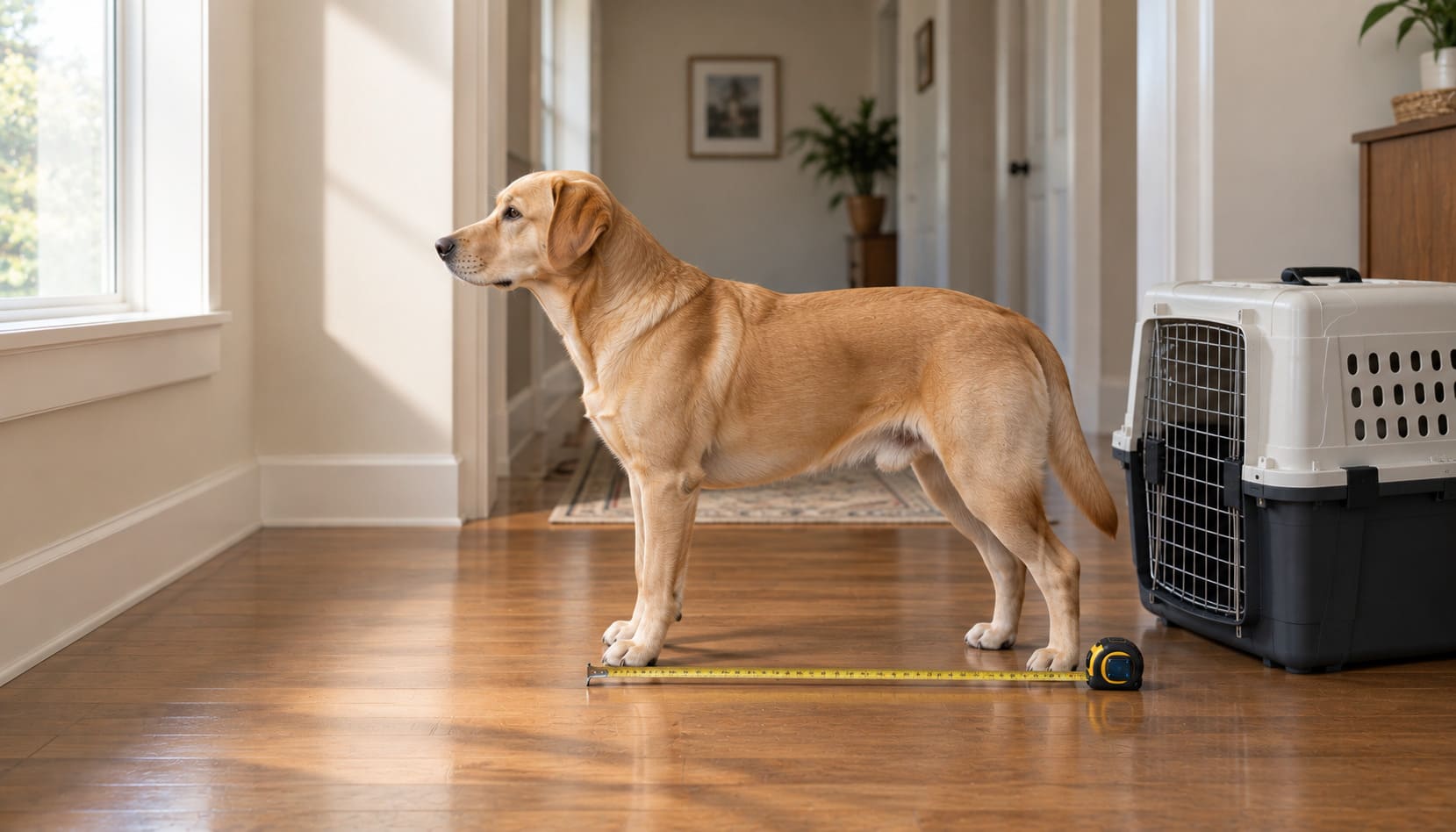 Dog standing in profile beside a travel kennel with a tape measure on the floor
