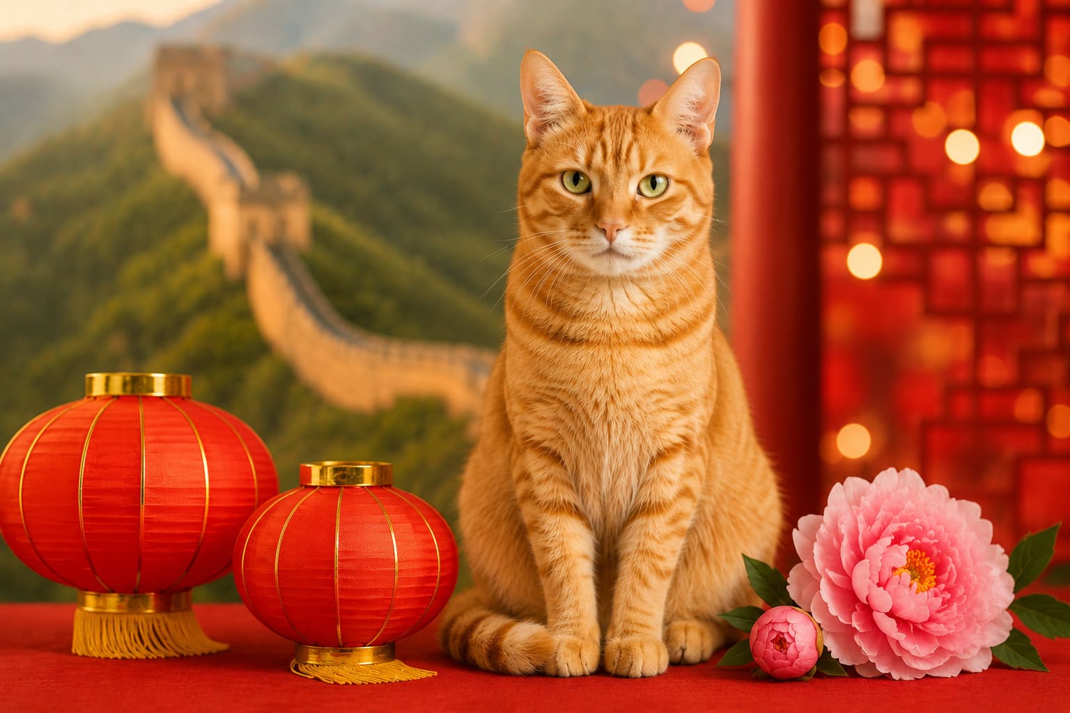 Cat sitting with red lanterns, peonies and the Great Wall behind, for a pet move from the USA to China