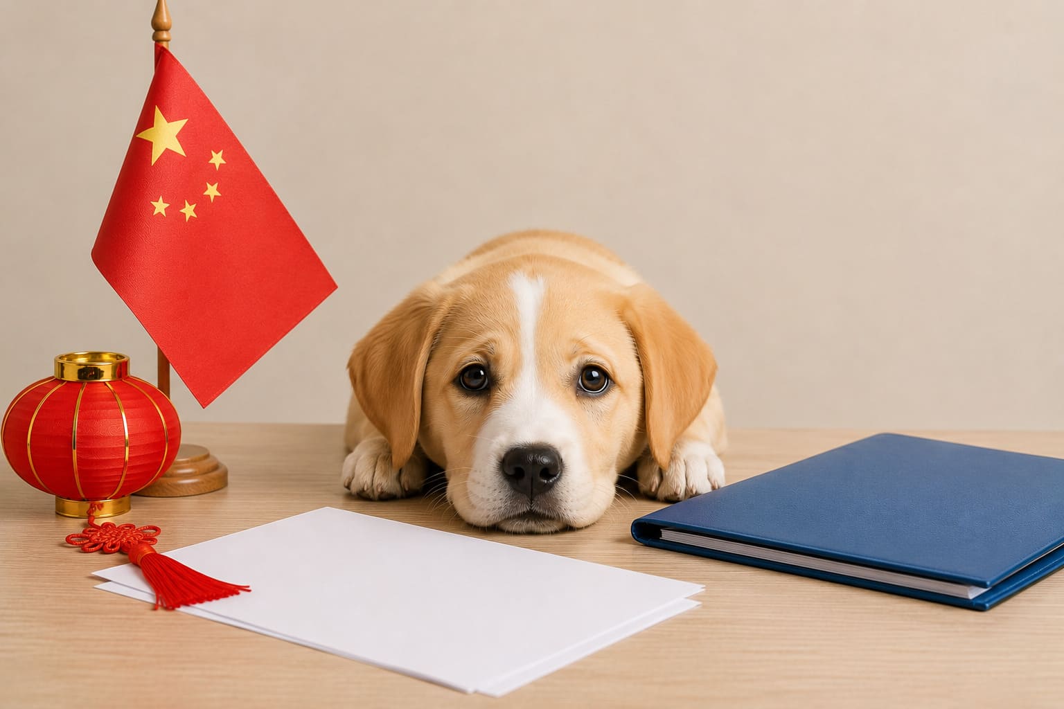 Dog resting beside a folder of blank travel paperwork and a small Chinese flag, for a pet move from the USA to China