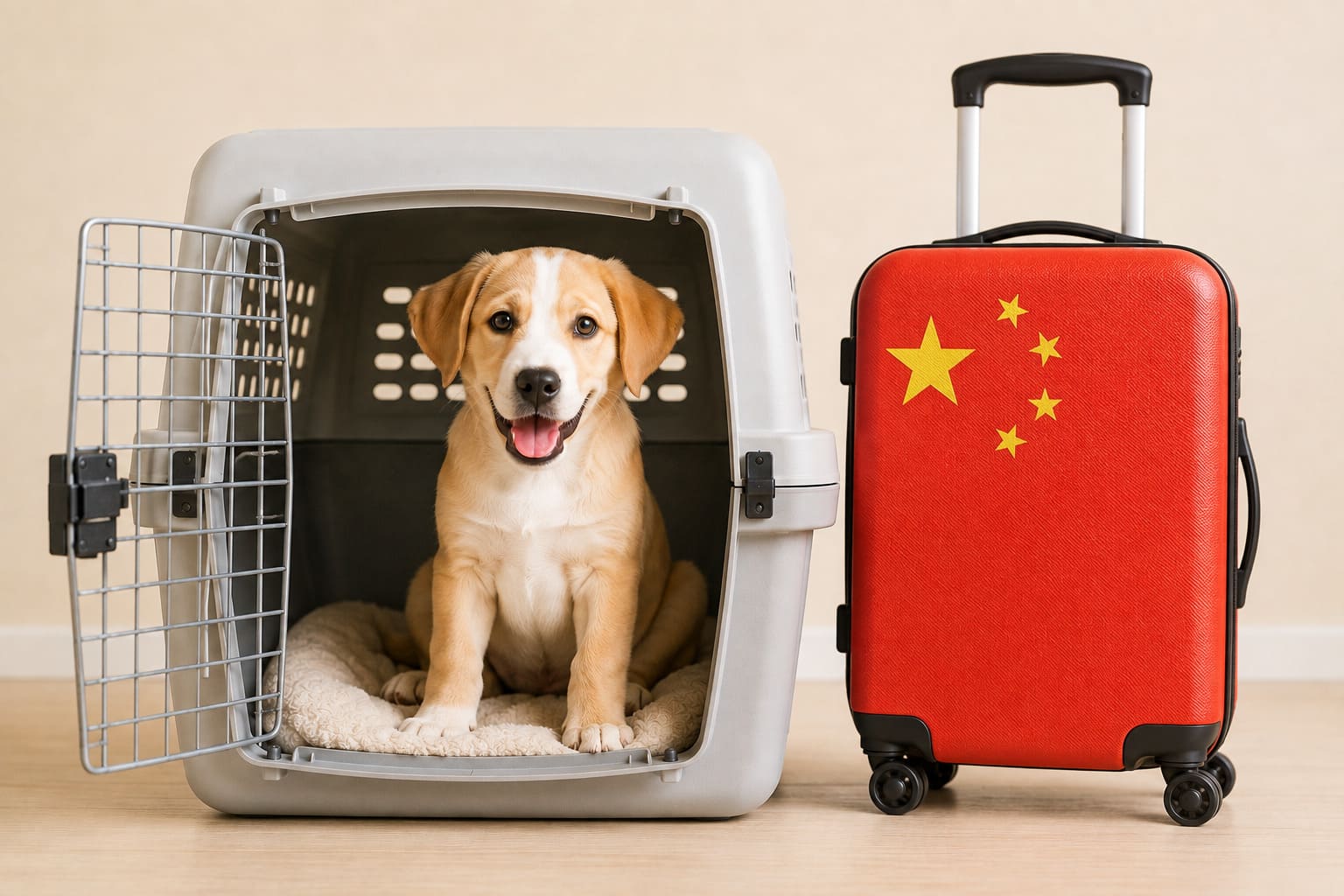 Dog in an open travel crate beside a suitcase in the Chinese flag, ready for a pet move from the USA to China
