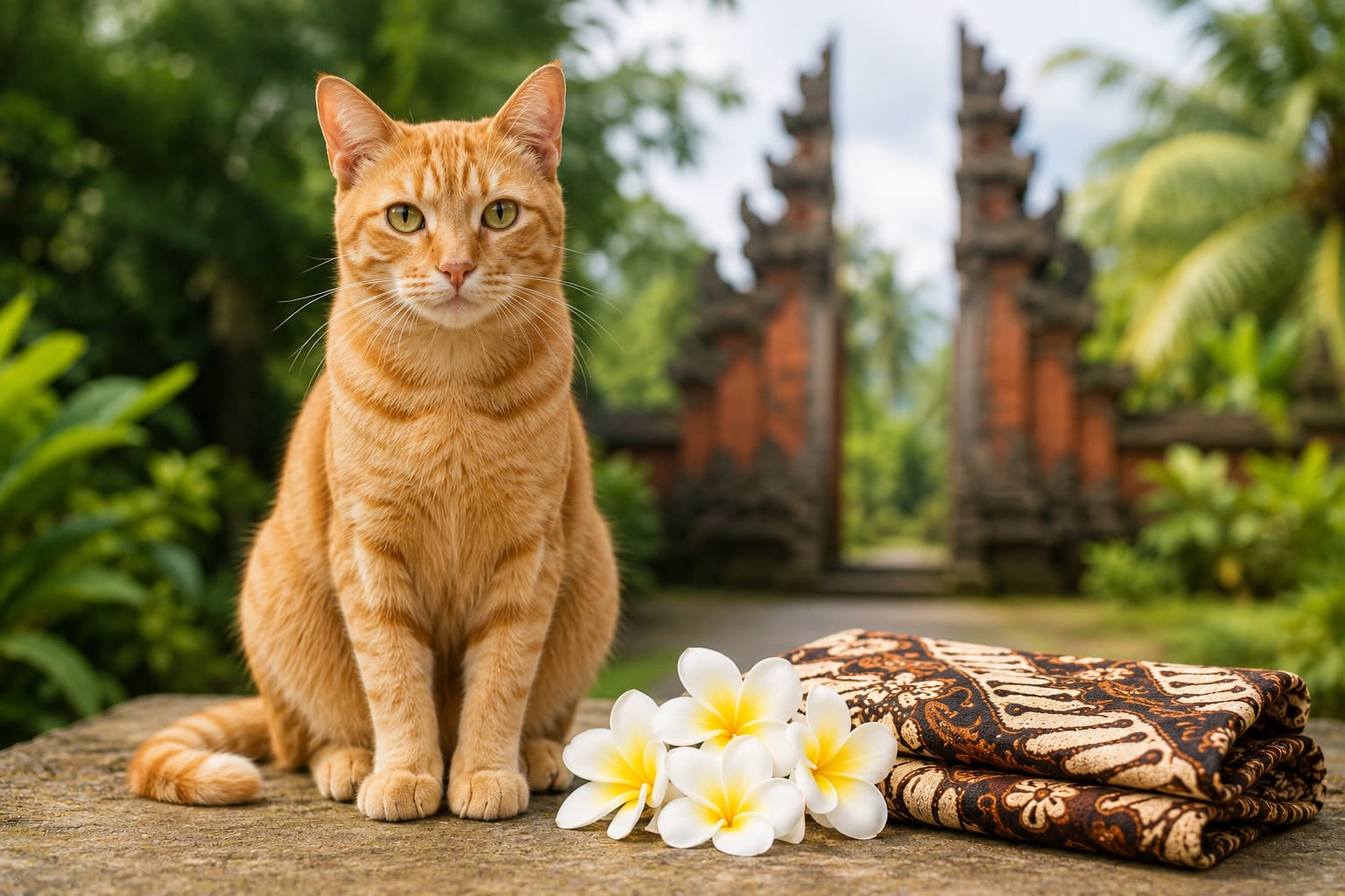 Cat sitting with frangipani flowers, batik cloth and a Balinese temple gate behind, for a pet move from the USA to Indonesia