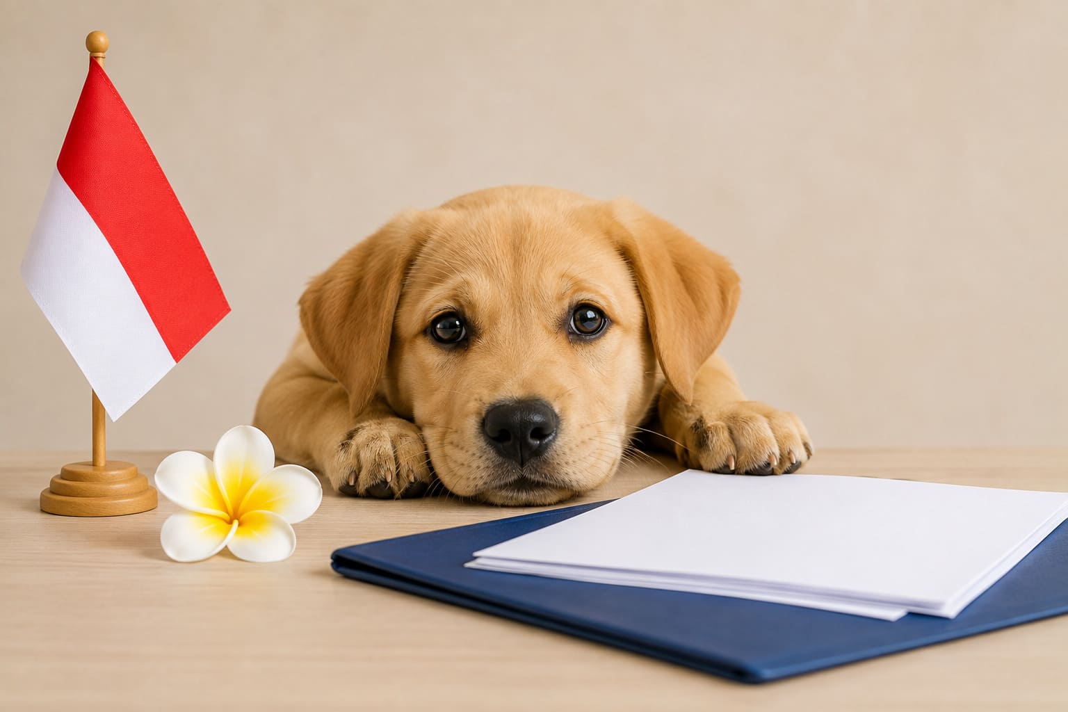 Dog resting beside a folder of blank travel paperwork and a small Indonesian flag, for a pet move from the USA to Indonesia