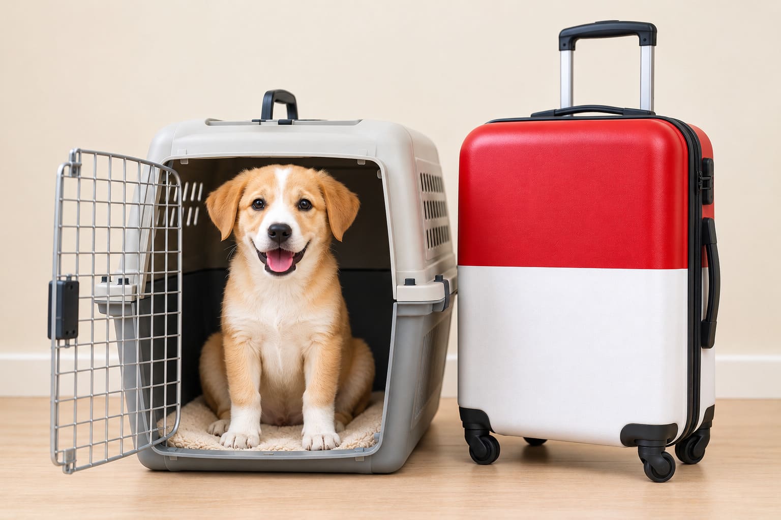 Dog in an open travel crate beside a suitcase in the Indonesian flag, ready for a pet move from the USA to Indonesia
