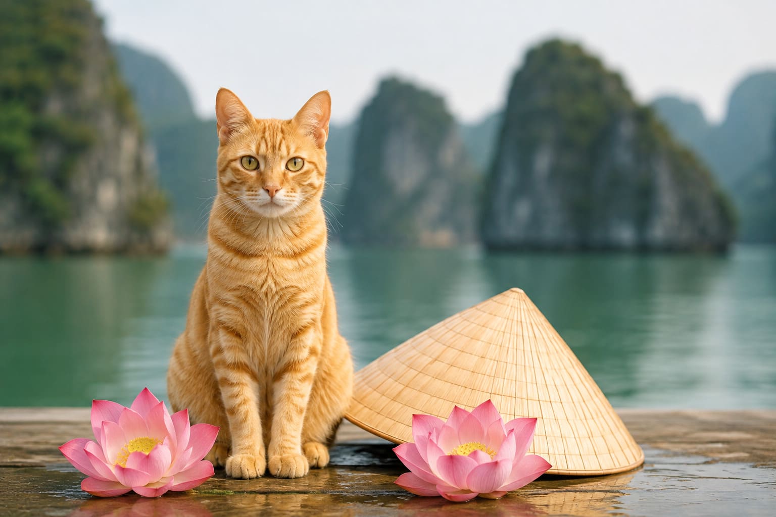 Cat sitting with a conical straw hat, lotus blossoms and Ha Long Bay behind, for a pet move from the USA to Vietnam