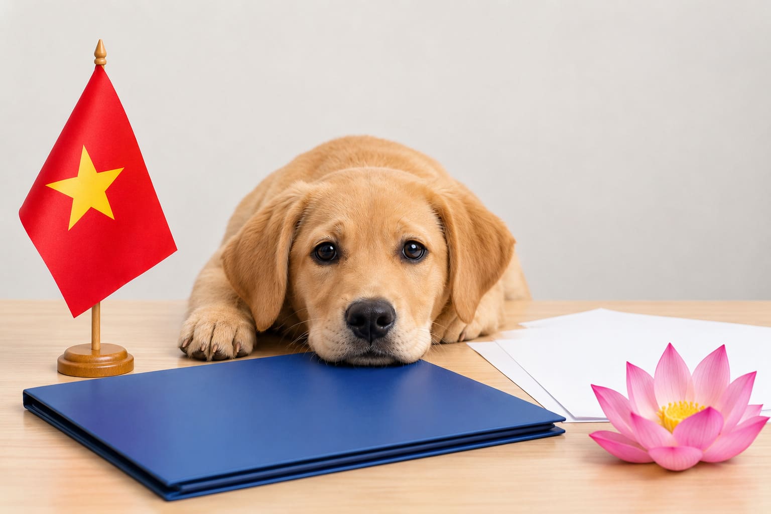 Dog resting beside a folder of blank travel paperwork and a small Vietnamese flag, for a pet move from the USA to Vietnam