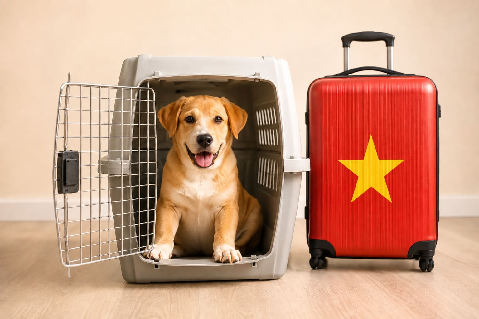Dog in an open travel crate beside a suitcase in the Vietnamese flag, ready for a pet move from the USA to Vietnam