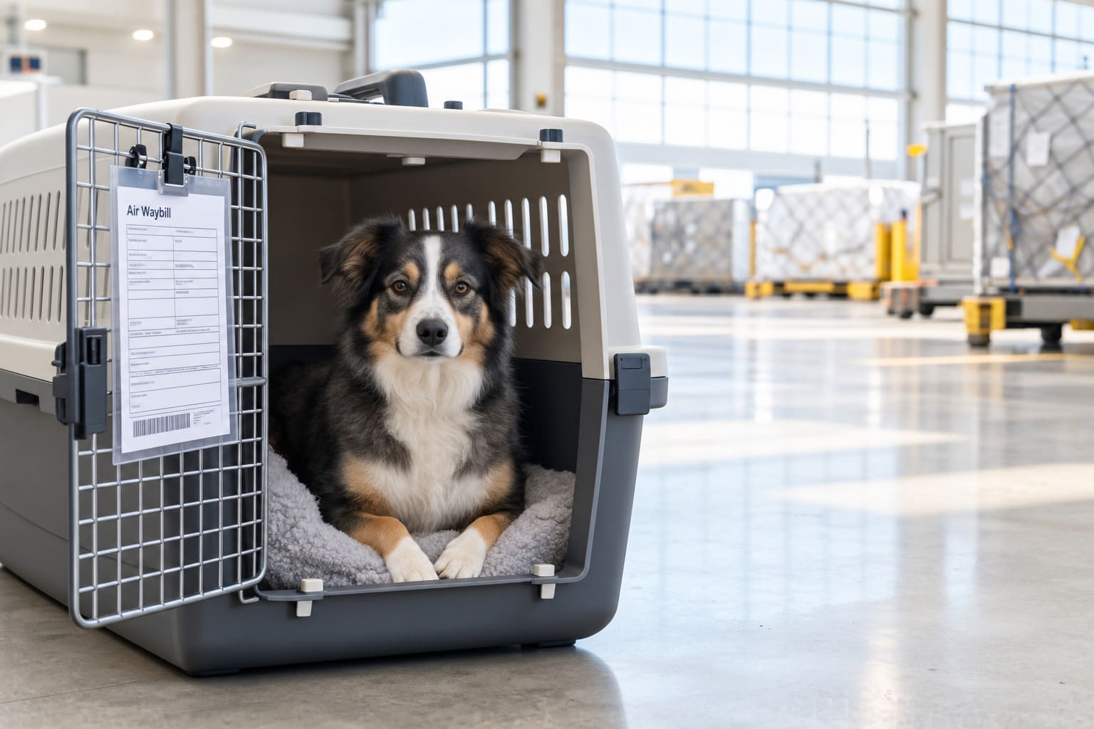A dog lying in an open airline travel crate in a cargo warehouse with an air waybill clipped to the door