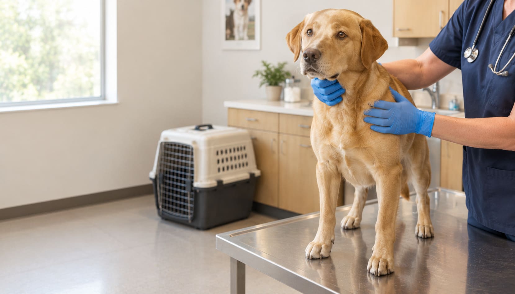 Veterinarian's hands examining a calm dog with a travel kennel behind them