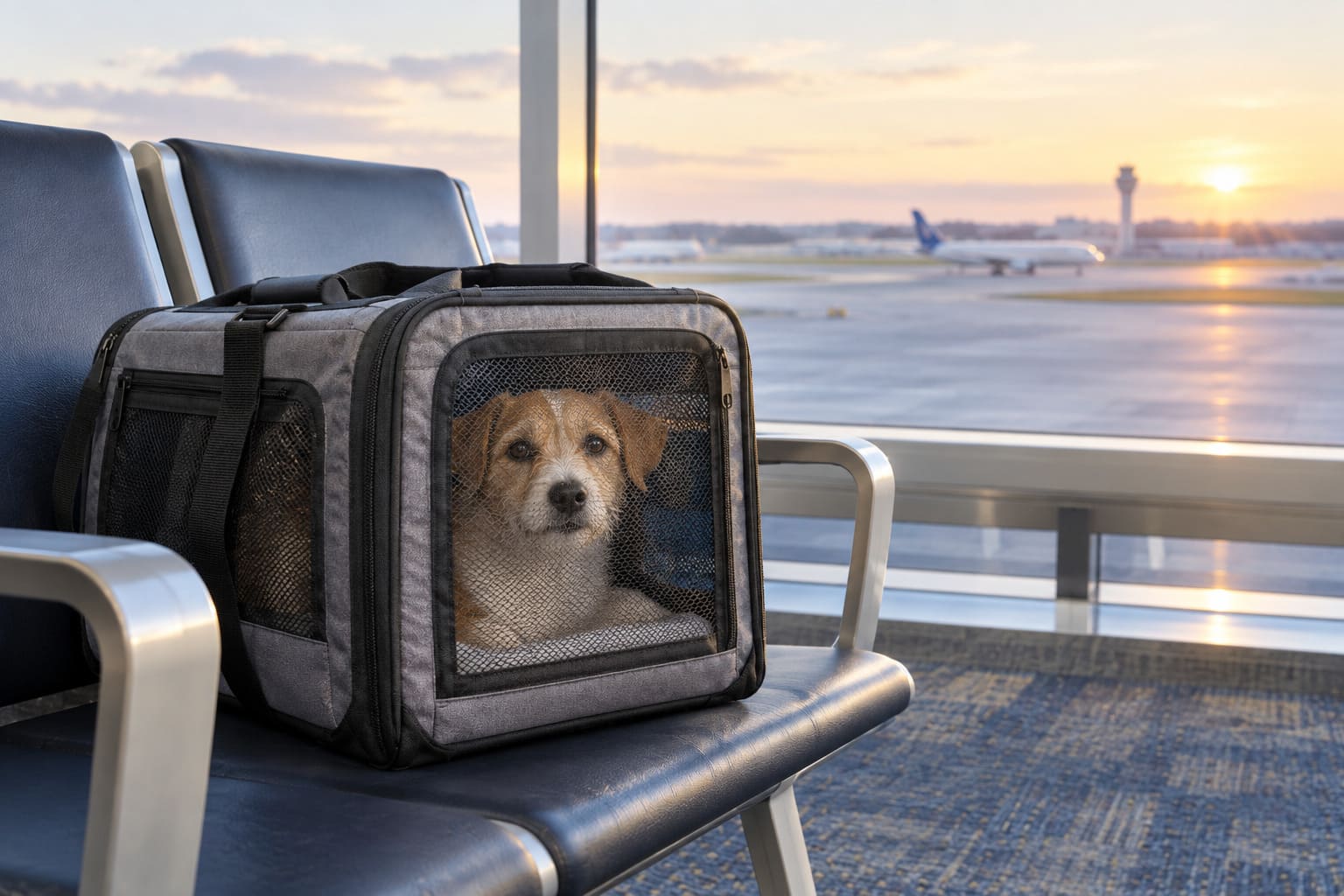 Small terrier in a gray soft-sided carrier on an airport gate seat at sunrise, with an aircraft on the apron beyond the window