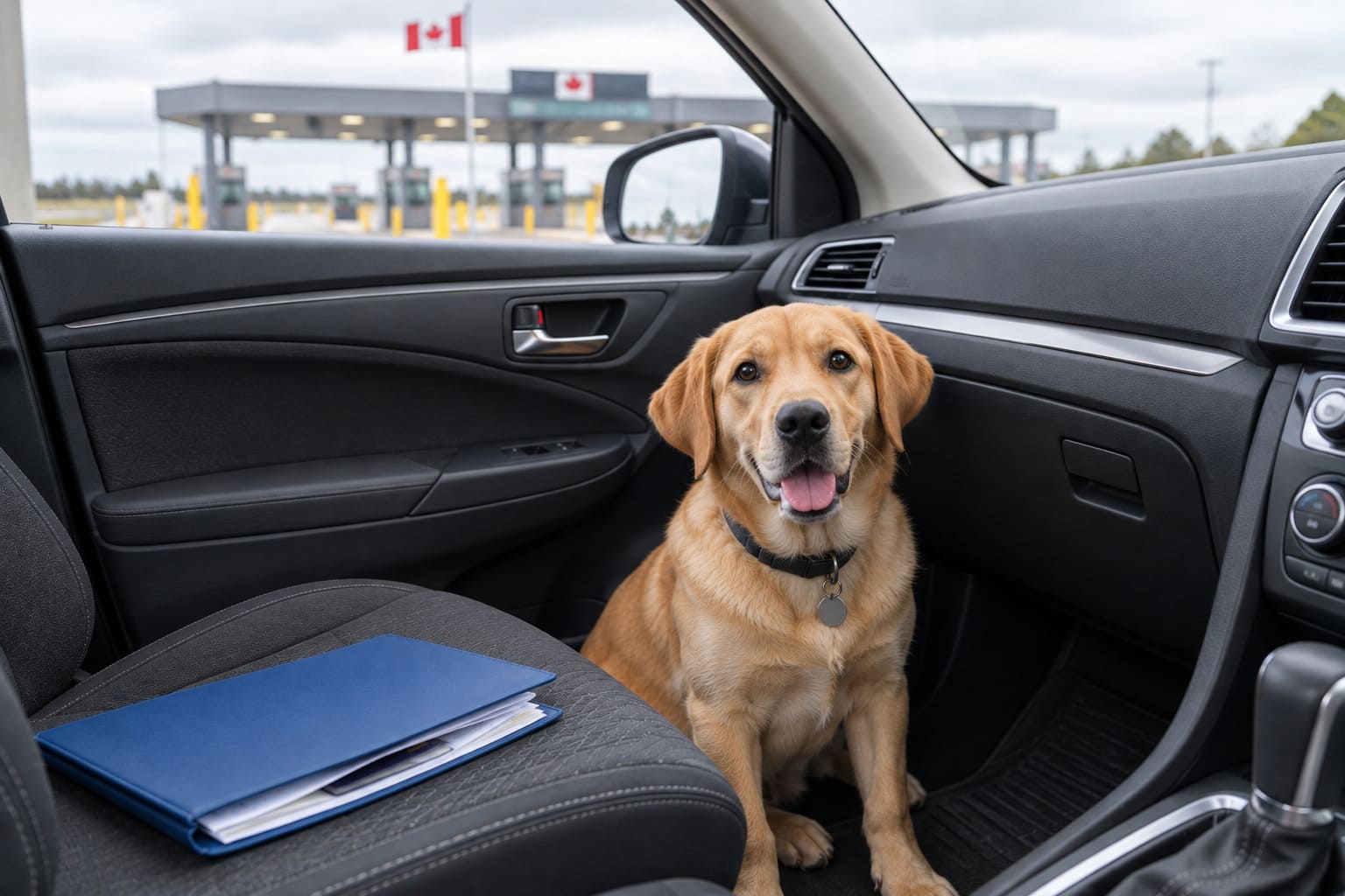 Yellow Labrador sitting in a car at a Canadian land border crossing, with a blue folder of papers on the seat in the foreground