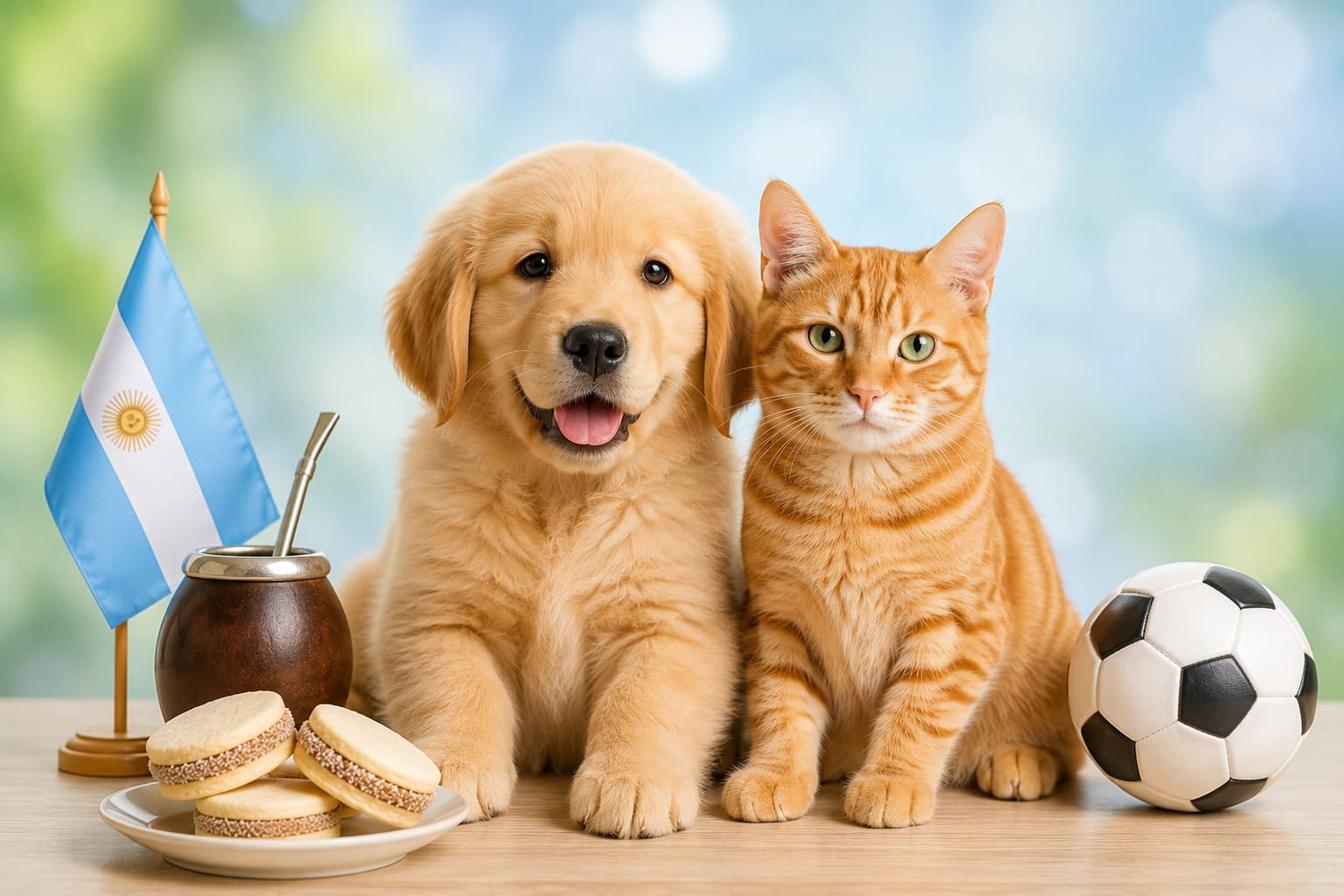 Dog and cat sitting together with Argentine items and a small flag, for pet shipping from the USA to Argentina