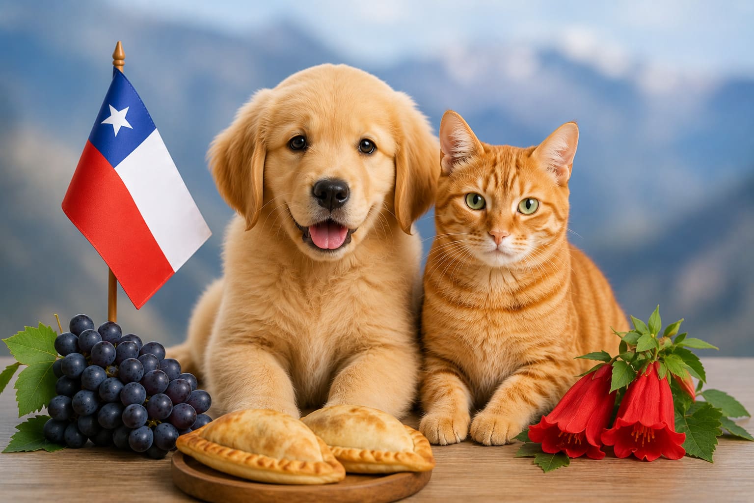Dog and cat sitting together with Chilean items and a small flag, for pet shipping from the USA to Chile