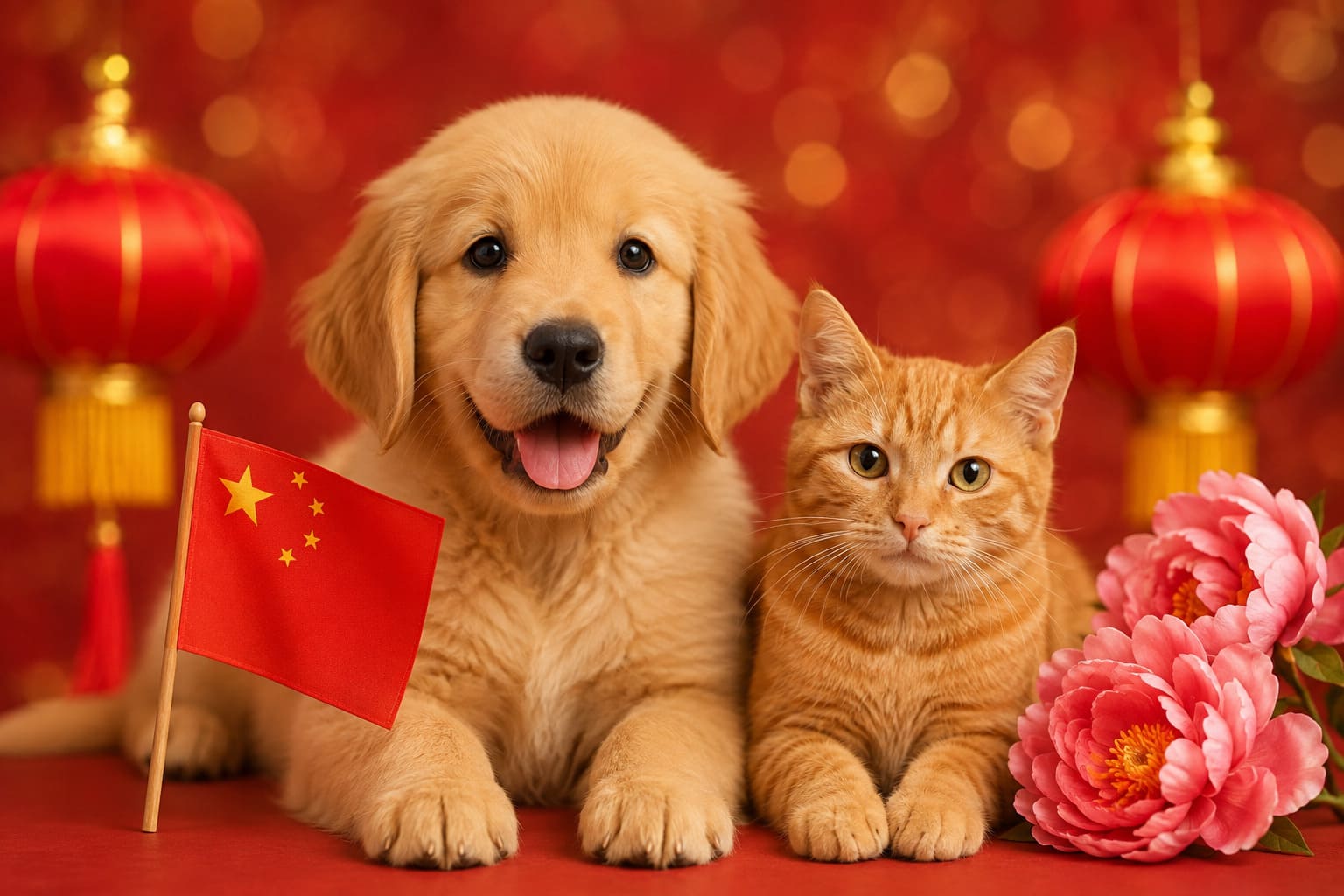 Dog and cat sitting together with Chinese items and a small flag, for pet shipping from the USA to China