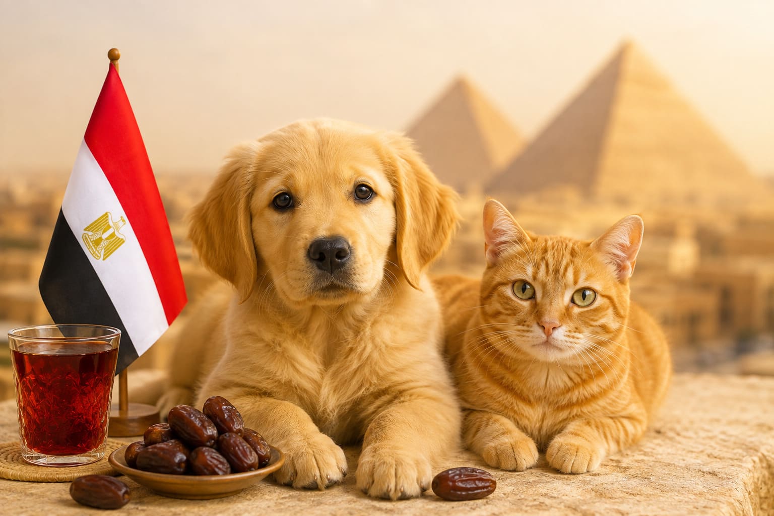 Dog and cat sitting together with Egyptian items and a small flag, for pet shipping from the USA to Egypt