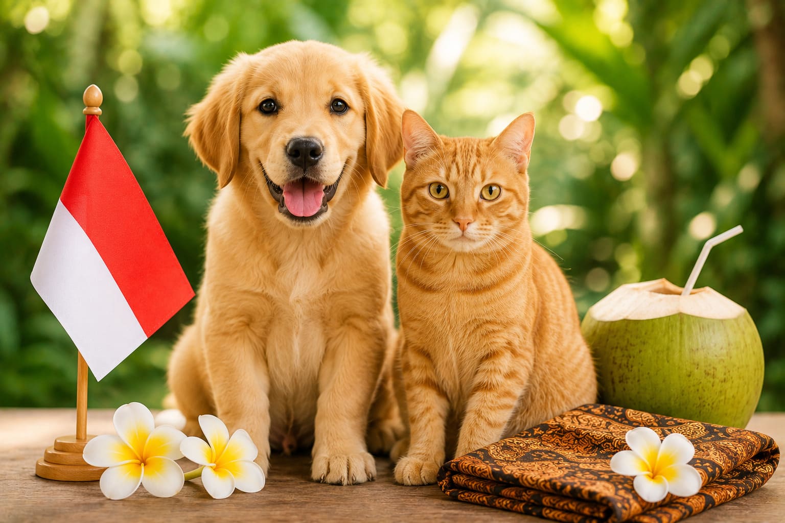 Dog and cat sitting together with Indonesian items and a small flag, for pet shipping from the USA to Indonesia