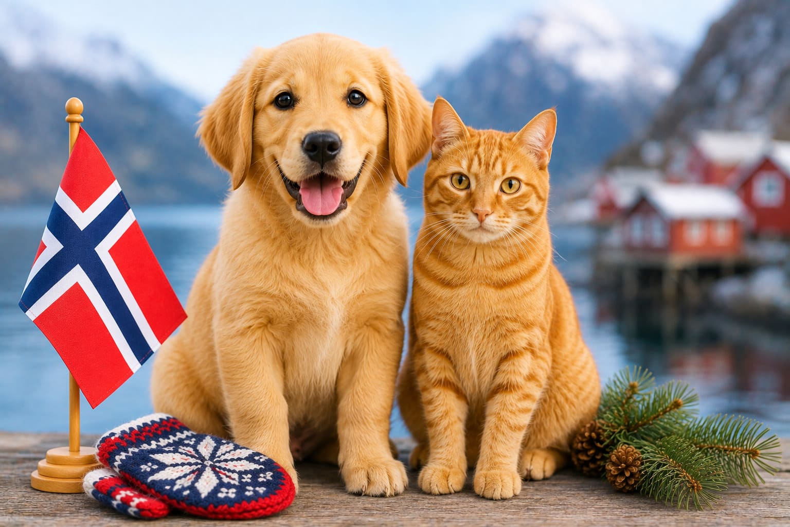 Dog and cat sitting together with Norwegian items and a small flag, for pet shipping from the USA to Norway
