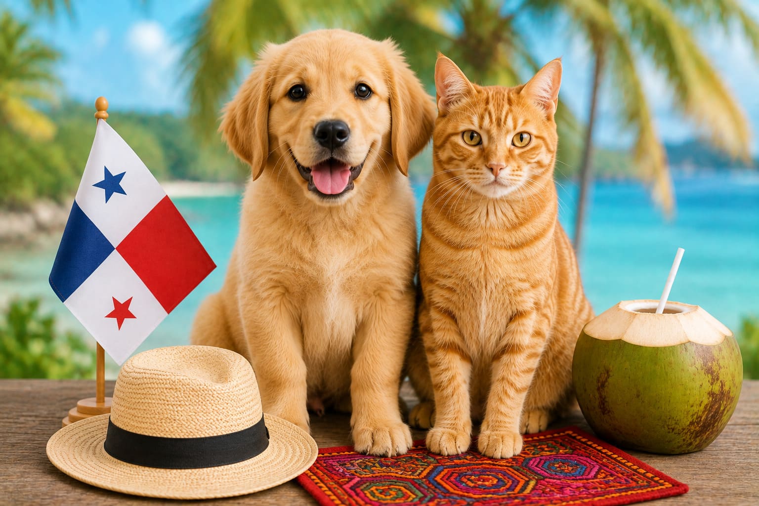 Dog and cat sitting together with Panamanian items and a small flag, for pet shipping from the USA to Panama
