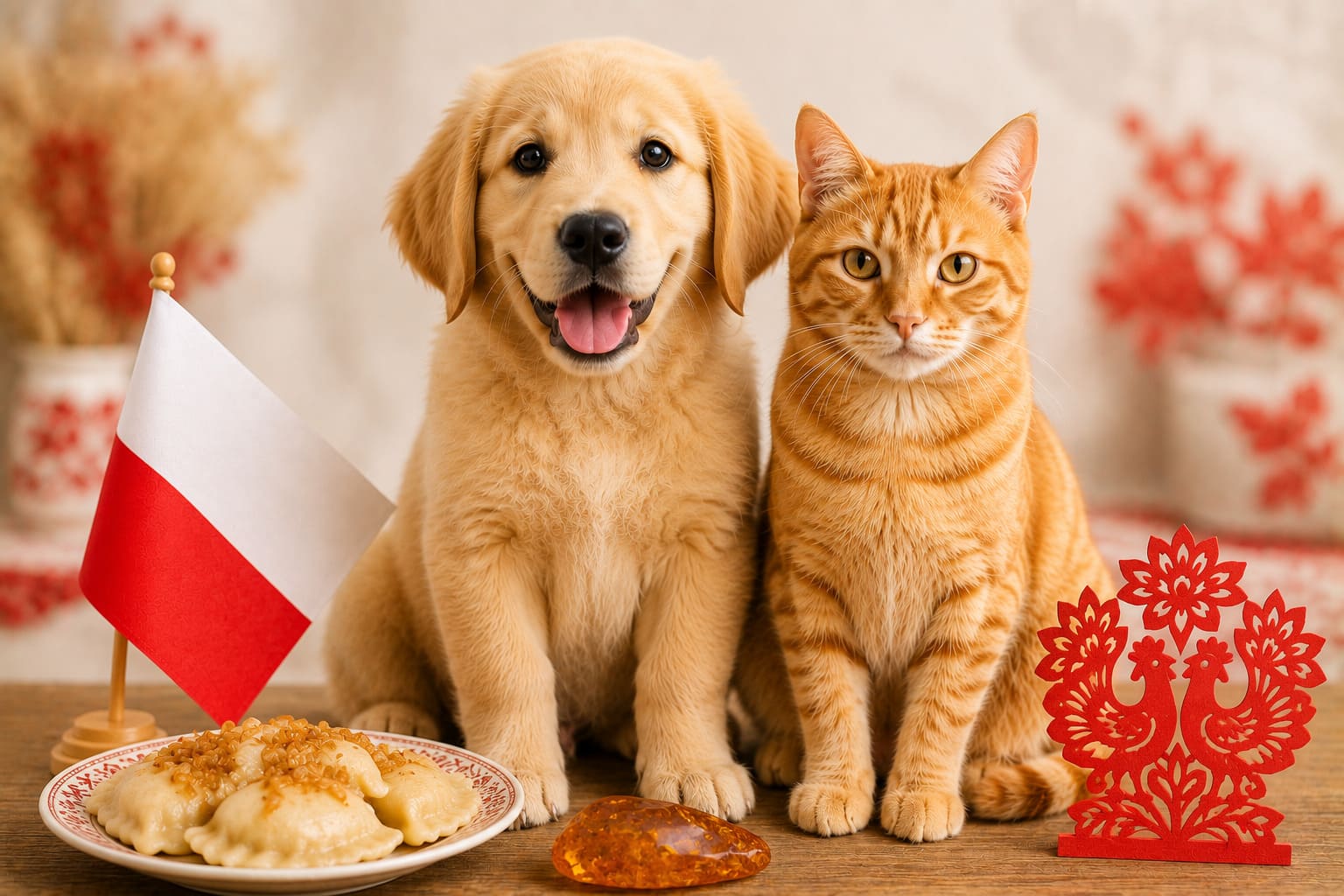 Dog and cat sitting together with Polish items and a small flag, for pet shipping from the USA to Poland