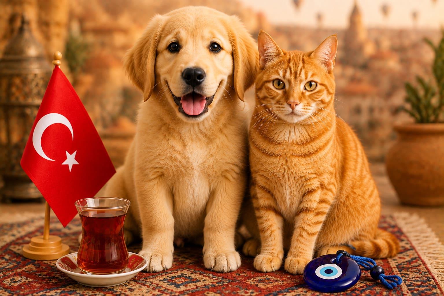 Dog and cat sitting together with Turkish items and a small flag, for pet shipping from the USA to Turkey