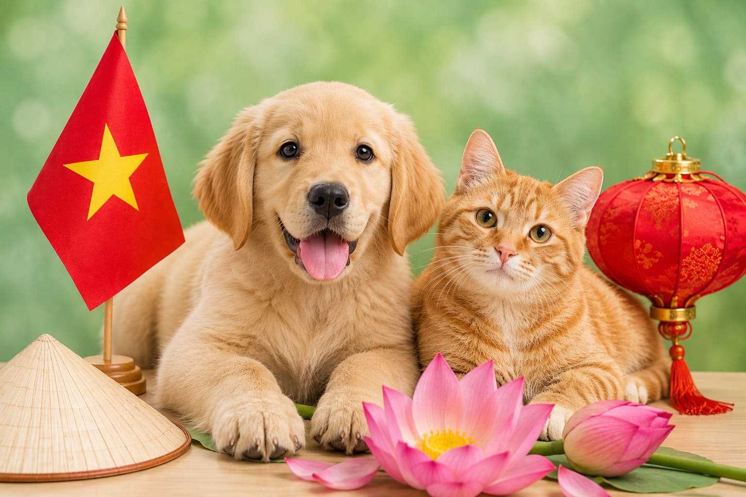 Dog and cat sitting together with Vietnamese items and a small flag, for pet shipping from the USA to Vietnam