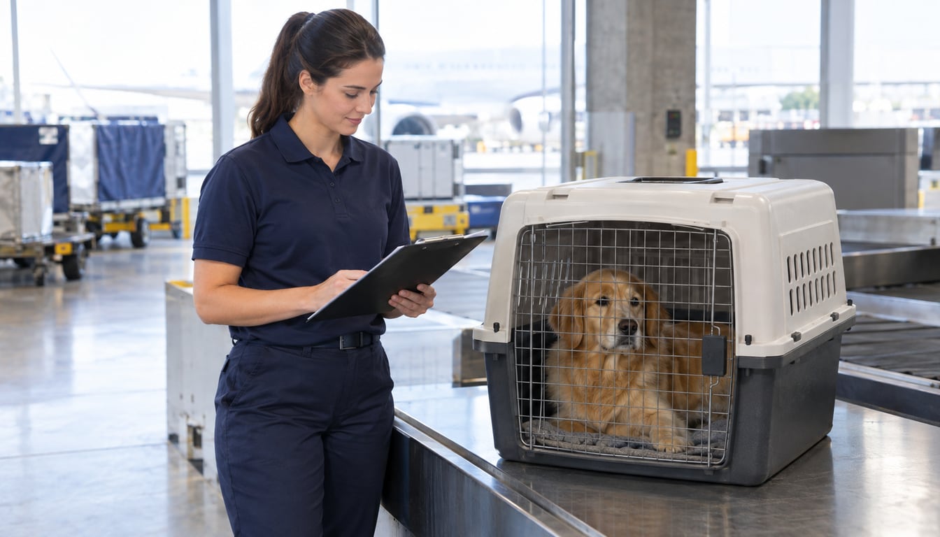 Handler in a navy polo checking a clipboard beside a golden retriever in a travel crate at an airport cargo counter