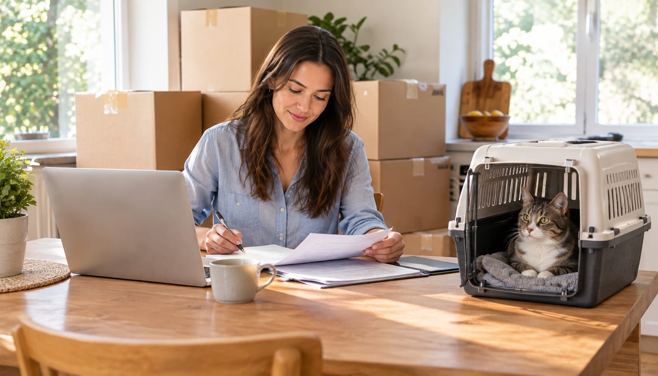 Woman reviewing relocation papers at a kitchen table with a laptop, moving boxes behind her and a cat in a carrier beside her