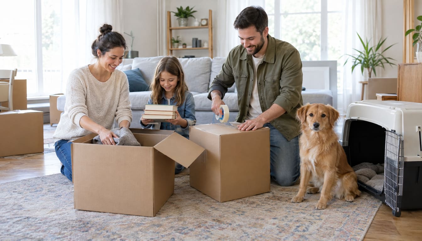 Family packing moving boxes in a living room while their golden retriever sits beside an open travel crate