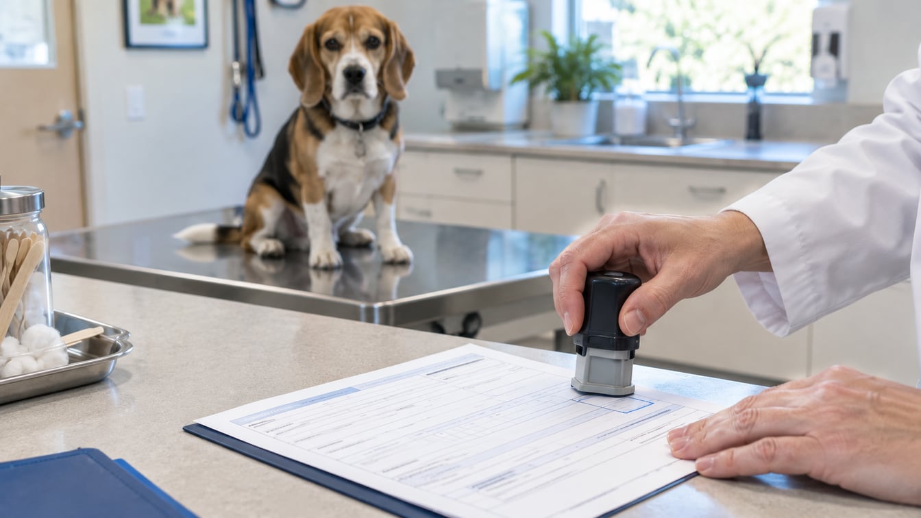 Veterinarian stamping a dog's travel health certificate on a clinic counter, with a beagle sitting on the exam table behind