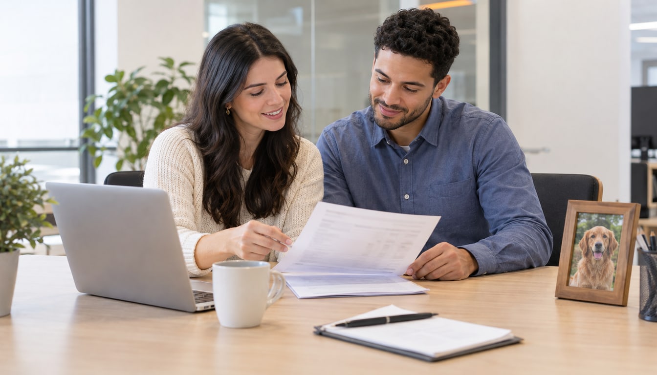 Two colleagues reviewing a printed pet relocation quote at an office desk, with a framed photo of a golden retriever beside them